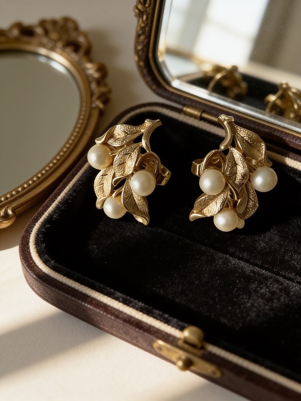 Vintage Signed Crown Trifari Brushed Gold Tone Leaf/Faux Pearl Clip On Earrings.